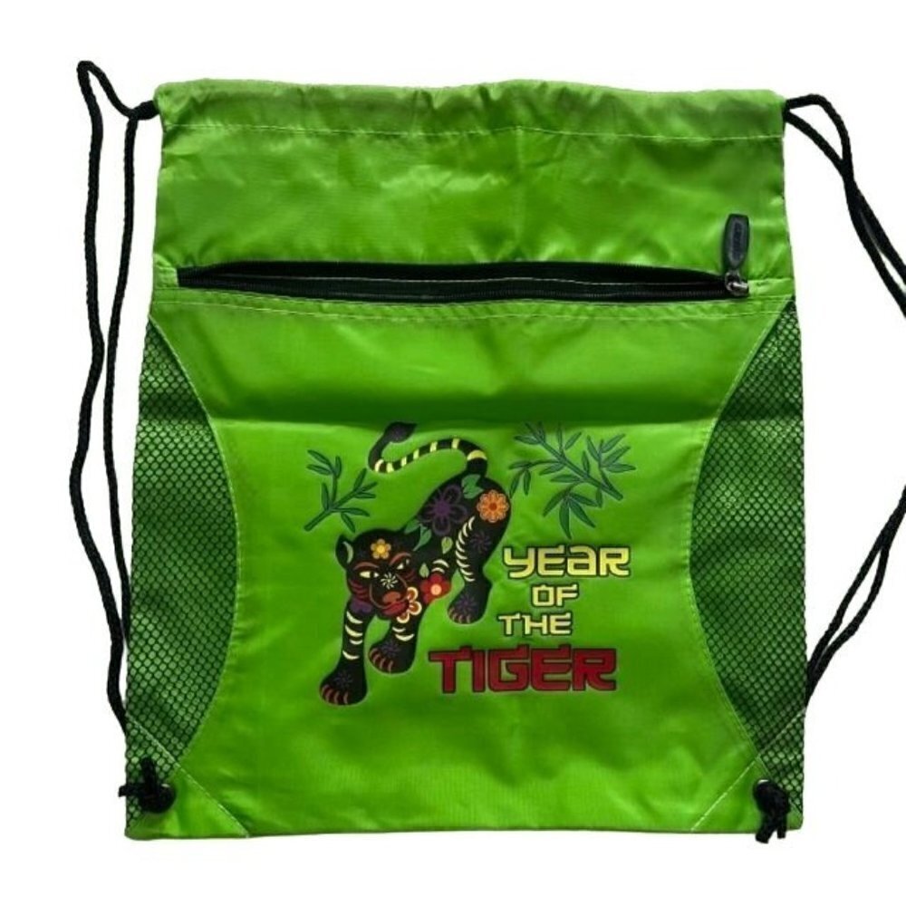 NWOT Green CNY Year of the Tiger Nylon Drawstring Backpack Zippered Pocket